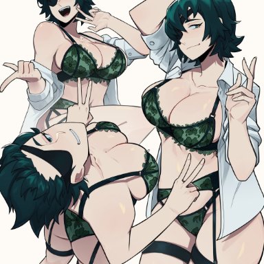 chainsaw man, himeno (chainsaw man), aneurysm.ax, 1girls, big breasts, female, female only, green hair, large breasts, lingerie, looking at viewer, patch, short hair, artist name, character sheet