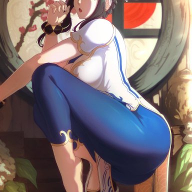 street fighter, street fighter 6, chun-li, chun-li (cosplay), yor briar, opalisart, ass, ballet slippers, big ass, big breasts, brown hair, cosplay, crouching, female, female only