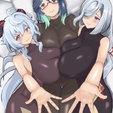 genshin impact, cloud retainer (genshin impact), ganyu (genshin impact), shenhe (genshin impact), xianyun, babycastella5, 3girls, big breasts, big thighs, blush, bodysuit, breasts, breasts pressed together, breasts to breasts, breasts together