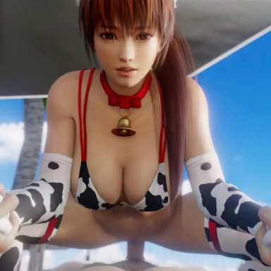dead or alive, kasumi (doa), audiodude, lazyprocrastinator, asian female, assertive, assertive female, assertive riding, beach, breasts, brown hair, cow print, cowbell, cowgirl position, cowprint lingerie