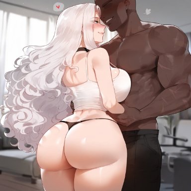 yorktown (azur lane), floox, 1boy, 1girls, blue eyes, blush, cuckold, dark-skinned male, imminent sex, interracial, large breasts, light-skinned female, netorare, smiling, smug face