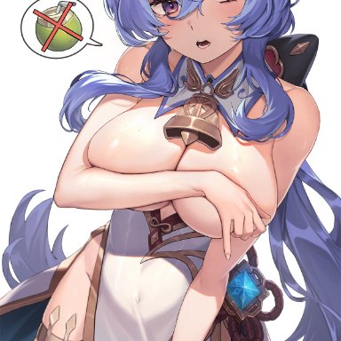 genshin impact, ganyu (genshin impact), vision (genshin impact), ahoge, bare shoulders, bell, blue hair, breasts, china dress, chinese clothes, covered navel, covering breasts, covering privates, detached collar, dress