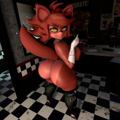 five nights at freddy's, fredina's nightclub, fexa, fexa (cryptia), foxy (cally3d), foxy (fnaf), 1girls, animatronic, anthro, ass, ass shake, big ass, big breasts, big butt, big thighs