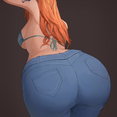one piece, nami, ano (gccx8784), 1girls, armwear, ass, ass focus, back, back view, backboob, big ass, big breasts, bikini top, blue pants, bottomwear