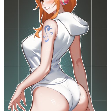 one piece, nami, nami (one piece), ho70994095, 1girls, ass cleavage, back, bare arms, bare legs, bare shoulders, bare thighs, breasts, covered breasts, covered nipples, egghead