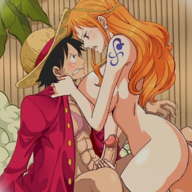 one piece, monkey d luffy, nami, chandllucky, before sex, big ass, big breasts, big penis, blush, curvy female, female, grabbing penis, male, muscular male, orange hair