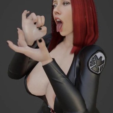 marvel, marvel cinematic universe, black widow (marvel), natasha romanoff, anaru, big breasts, blowjob face, cleavage, encouragement, fellatio gesture, handjob gesture, red hair, animated, sound, tagme