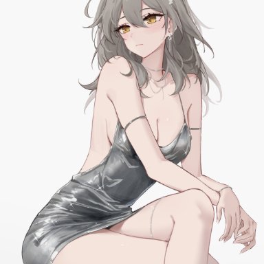 honkai (series), honkai: star rail, stelle (honkai: star rail), feintheart721, bare legs, bare shoulders, bare thighs, big breasts, blush, brown hair, crossed arms, crossed legs, long hair, miniskirt, sideboob