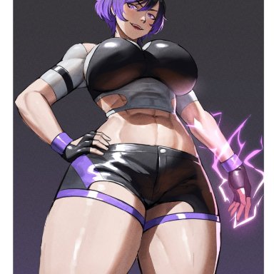 namco, tekken, tekken 8, reina mishima, anhuzart, ethan69 (artist), 1girls, abs, athletic female, big breasts, black and purple hair, breasts, busty, curvaceous, curvy