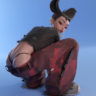 fortnite, camille (fortnite), emberstock, 1girls, lipstick, makeup, solo, squatting, thong, whale tail, 3d