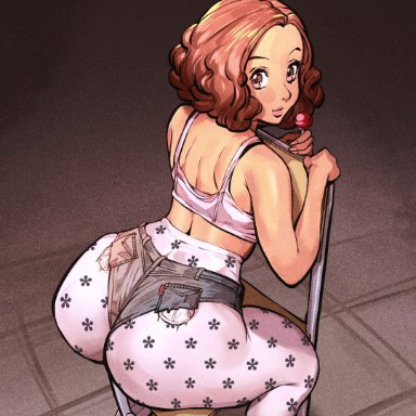 atlus, persona, persona 5, haru okumura, keigi (artist), 1girls, arched back, ass, back, back view, big ass, bottom heavy, bottomwear, bra, brown eyes