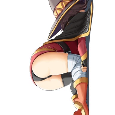 megumin, automatic giraffe, 1girls, ass, ass focus, asymmetrical legwear, bandaged leg, bandages, belt, big ass, black cape, black gloves, black hair, black thighhighs, boots