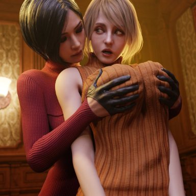 capcom, resident evil, resident evil 4, resident evil 4 remake, ada wong, ashley graham, ashley graham (ella freya), batesz, 2girls, black hair, blonde hair, breast grab, breasts, female, huge breasts