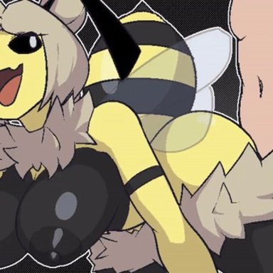 riosthename, all fours, anthro, arthropod, bee, black sclera, breasts, duo, exposed breasts, female, from behind position, gradient background, hair, human, hymenopteran