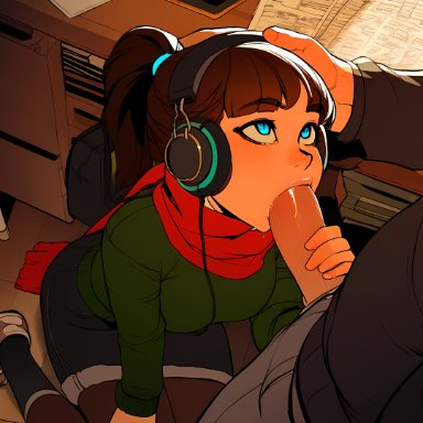 lofi girl, rwl, blowjob, blue eyes, hand on head, headpat, headphones, looking up, penis, ponytail, scarf, ai generated