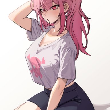 hololive, hololive english, hololive myth, mori calliope, 1girl, 1girls, arm between legs, big breasts, black bottomwear, eyebrows visible through hair, front view, gym shorts, half-closed eyes, heroine, holding in mouth