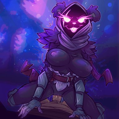 epic games, fortnite, raven team leader, dimwitdog, anthro, areola, bear, biped, breasts, cowgirl position, duo, eyelashes, female, female penetrated, from front position