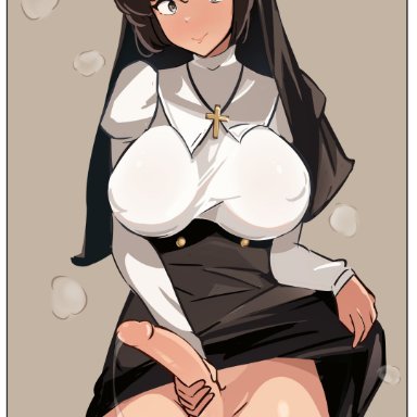 yoshiwo senpai, 1futa, balls, black hair, black thighhighs, blush, bottomless, bottomless futanari, breasts, brown eyes, clothed, clothing, clothing lift, cum, dickgirl