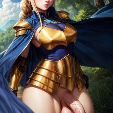 sword art online, sword art online alicization, alice zuberg, naikedart, armor, big penis, blonde futa, blue eyes, flaccid, futanari, gold (metal), intersex, medieval armour, medium breasted futa, medium breasts