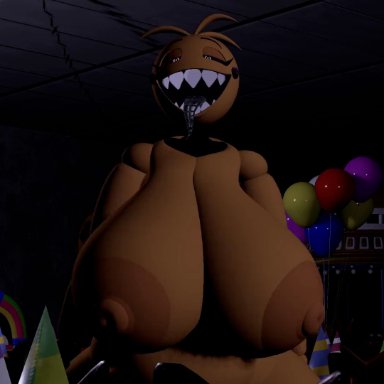 five nights at freddy's, fnaf, vrchat, toy chica (cyanu), toy chica (fnaf), big breasts, breasts, looking at viewer, looking pleasured, nipple, nipples, round boobs, round breasts, round tits, tall