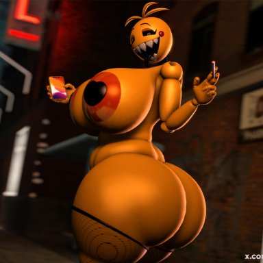 five nights at freddy's, five nights at freddy's 2, chica (fnaf), toy chica (cyanu), toy chica (fnaf), sfmseno, animatronic, anthro, anthro only, areola, areolae, ass, ass focus, barely clothed, big areola