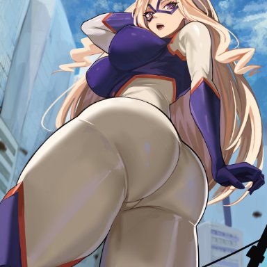 my hero academia, mount lady, yuu takeyama, loooyd, ass, ass focus, back view, big ass, blonde female, blonde hair, breasts, curvy, female only, fully clothed, giantess