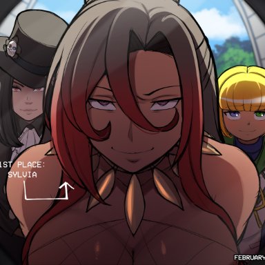 guilty gear, guilty gear strive, overlord (maruyama), mare bello fiore, sylvia (konosuba), testament (guilty gear), blackwhiplash, 1boy, 1futa, 1other, androgynous, camera view, clothed, clothing, dark skin