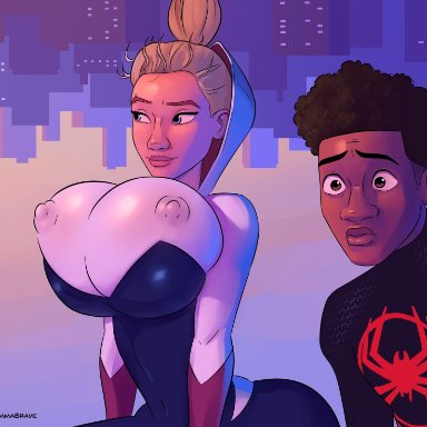 marvel, marvel comics, spider-man (series), gwen stacy, gwen stacy (spider-verse), miles morales, spider-gwen, spider-man, emmabrave, 1boy, 1boy1girl, 1girls, big breasts, blonde hair, blue eyes