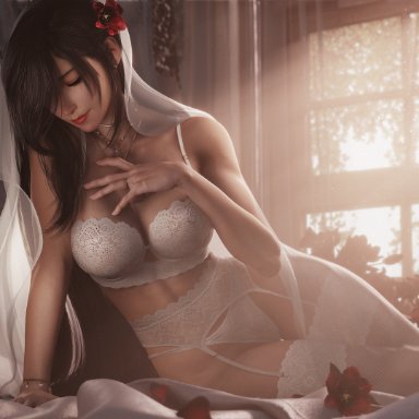 final fantasy, final fantasy vii, final fantasy vii remake, tifa lockhart, ria-neearts, 1girls, arm support, bedroom, black hair, bracelet, breasts, bride, closed eyes, day, earrings