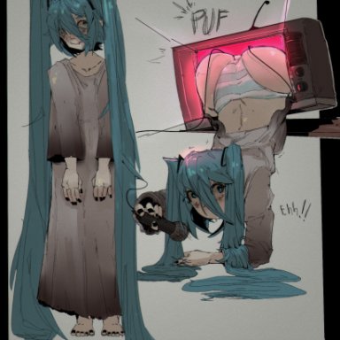 the ring, vocaloid, hatsune miku, yamamura sadako, yamamura sadako (cosplay), guidelli art, blue hair, clothed, clothed female, cosplay, crawling, dress, horror, microphone, panties