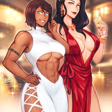 avatar the last airbender, the legend of korra, asami sato, korra, iahfy, 2girls, abs, abs window, alcohol, armband, athletic female, bare arms, bare legs, bare shoulders, big breasts