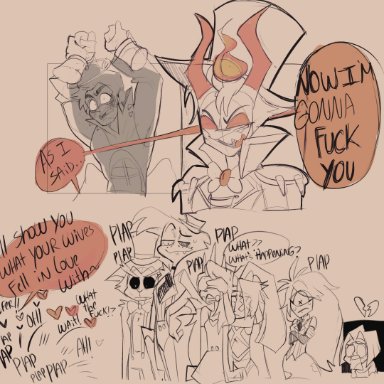 hazbin hotel, adam (hazbin hotel), angel dust, cherri bomb (hazbin hotel), husk (hazbin hotel), lute (hazbin hotel), calazotauvu, &lt;/3, clothed, clothing, covering, covering eyes, covering face, demon, demon humanoid