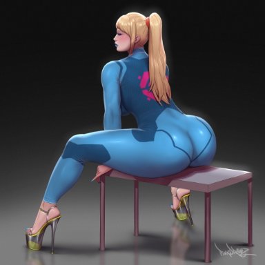 metroid, nintendo, samus aran, pinkdrawz, backboob, big ass, big breasts, bimbo, blonde hair, blue eyes, blue lipstick, bottom heavy, dat ass, female, female focus