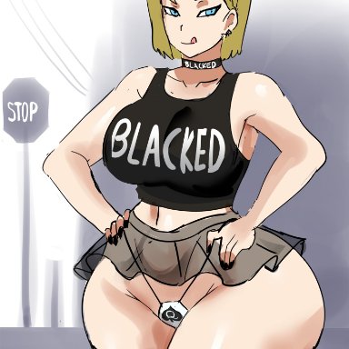 blacked, dragon ball, dragon ball super, dragon ball z, android 18, gtsn17, 1girls, blacked clothing, blonde hair, blue eyes, choker, earrings, female, female only, huge breasts