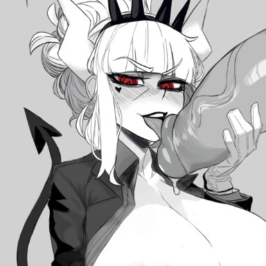 helltaker, lucifer (helltaker), b-mon, 1boy, 1girls, blush, breasts, breasts out, clothing, crown, demon, erect nipples, gloves, grey background, horns