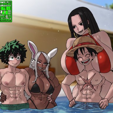 my hero academia, one piece, boa hancock, izuku midoriya, miruko, monkey d luffy, shosho oekaki, 2boys, 2girls, abs, age difference, big breasts, bikini, bikini bottom, bikini top