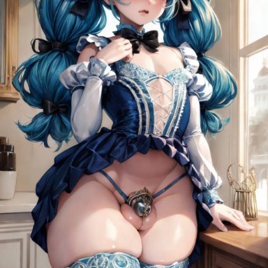 league of legends, riot games, gwen (league of legends), thicknesslord, 1boy, androgynous, balls, blue eyes, blue hair, blush, caged cock, chastity, chastity cage, choker, corset