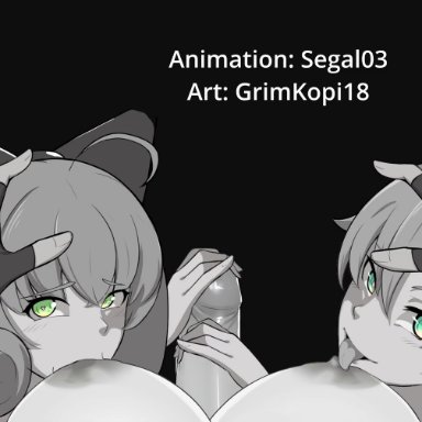 rwby, nora valkyrie, penny polendina, ruby rose, grimkopi18, grimteacups, segal03, 1futa, 2girls, areolae, big breasts, big penis, breast sucking, breasts, cum