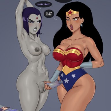 cartoon network, dc, dc comics, justice league, teen titans, wonder woman (series), diana prince, rachel roth, raven (dc), wonder woman, rocner, 1futa, 1girls, age difference, angry face