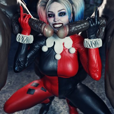 dc comics, harley quinn, harley quinn (classic), roriori, dark-skinned male, handjob, 3d, blender