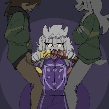 deltarune, undertale, undertale (series), asriel dreemurr, kris (deltarune), toriel, garbageboxxxed, 1girls, 2boys, boss monster, double fellatio, female, furry, human, humanoid