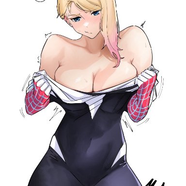 marvel, marvel comics, spider-man (series), gwen stacy, gwen stacy (spider-verse), spider-gwen, spider-gwen (spider-verse), big boobs, big breasts, blonde hair, blush, boobs focus, breasts focus, large boobs, large breasts