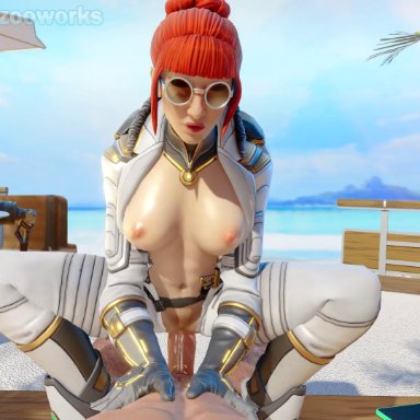 apex legends, respawn entertainment, horizon (apex legends), octane (apex legends), dzooworks, 1girls, 2boys, abs, bangs, beach, big breasts, bodysuit, breasts, breasts out, brown-tinted eyewear