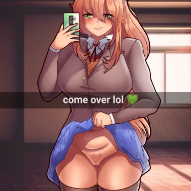 doki doki literature club, snapchat, johnv, 1girls, asking for it, belly, belly button, blonde hair, blue skirt, blush, blush stickers, blushing at viewer, bottom heavy, bottomless, bottomless skirt