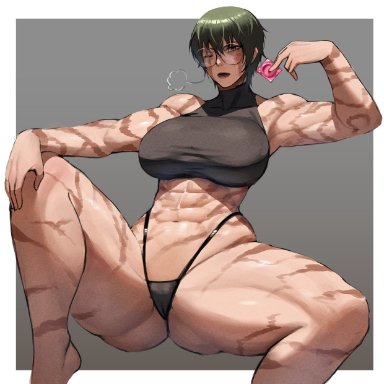 jujutsu kaisen, zenin maki, anhuzart, 1girls, condom, condom wrapper, glasses, green hair, large breasts, looking at viewer, muscular, muscular female, muscular thighs, one eye closed, scar