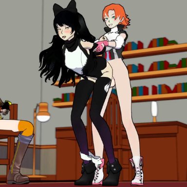 rooster teeth, rwby, blake belladonna, nora valkyrie, yang xiao long, sfmslayer, anus, arm grab, arms behind back, ass, black hair, blonde hair, breasts, canon, canon couple