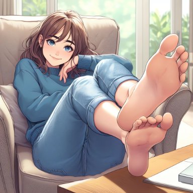 samsung sam, unknown artist, bare feet, barefoot, blue eyes, blue sweater, brown hair, chair, clothed, feet, feet on table, foot fetish, jeans, looking at viewer, sitting