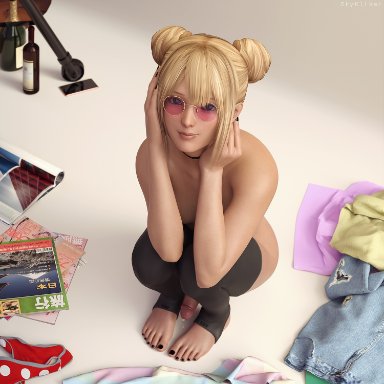 dead or alive, marie rose, skykliker, 1futa, black nails, blonde hair, blue eyes, feet, feet together, futa only, futanari, hairbun, nail polish, penis, pink glasses