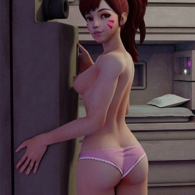 blizzard entertainment, overwatch, overwatch 2, d.va, hana song, wotwot3d, 1girls, areolae, asian, ass, bathroom, bed, bottomwear, breasts, brown eyes