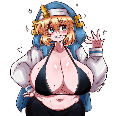 guilty gear, guilty gear strive, bridget, seireiart, 1girls, aqua eyes, big belly, big breasts, black bra, blonde hair, bra, breasts, chubby, chubby female, cleavage